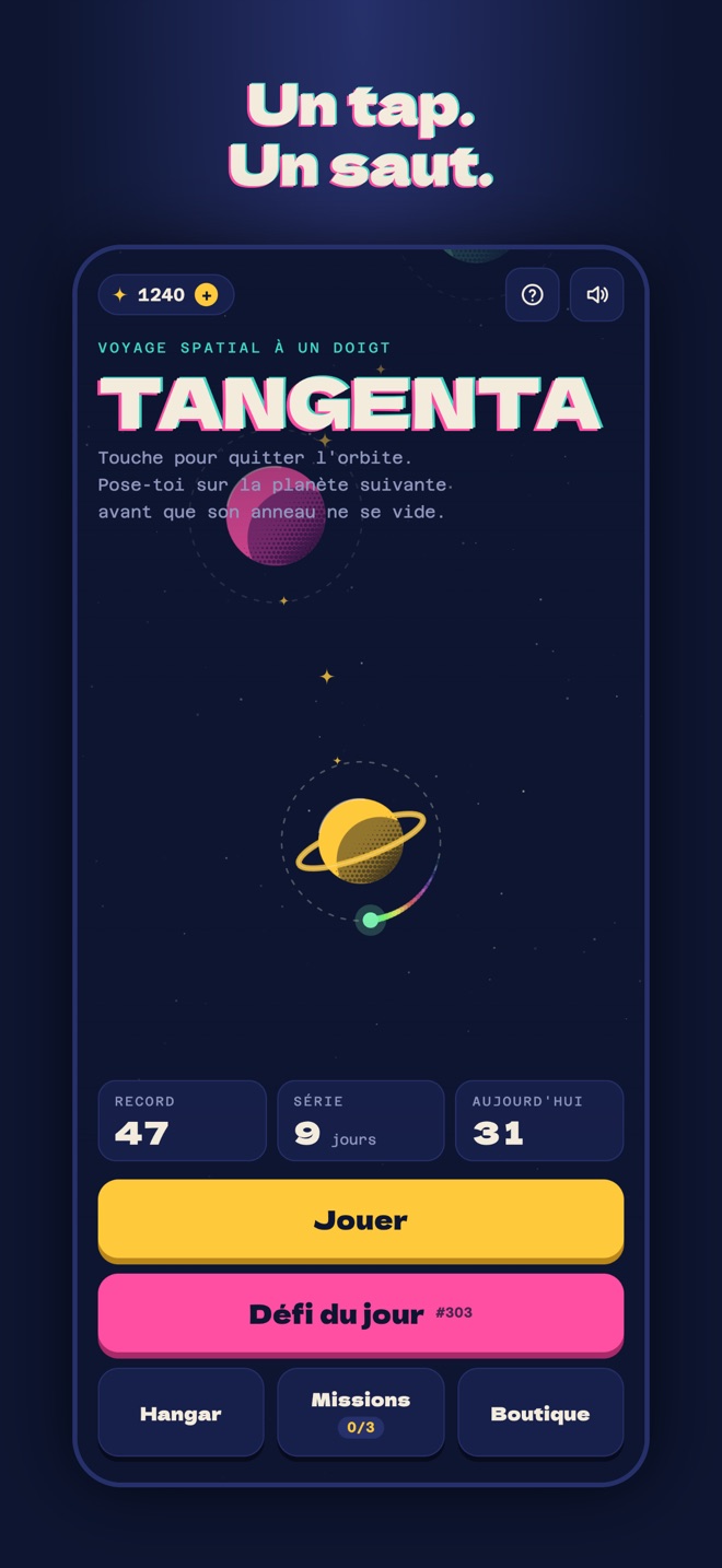 Menu principal avec record, série et Défi du jour