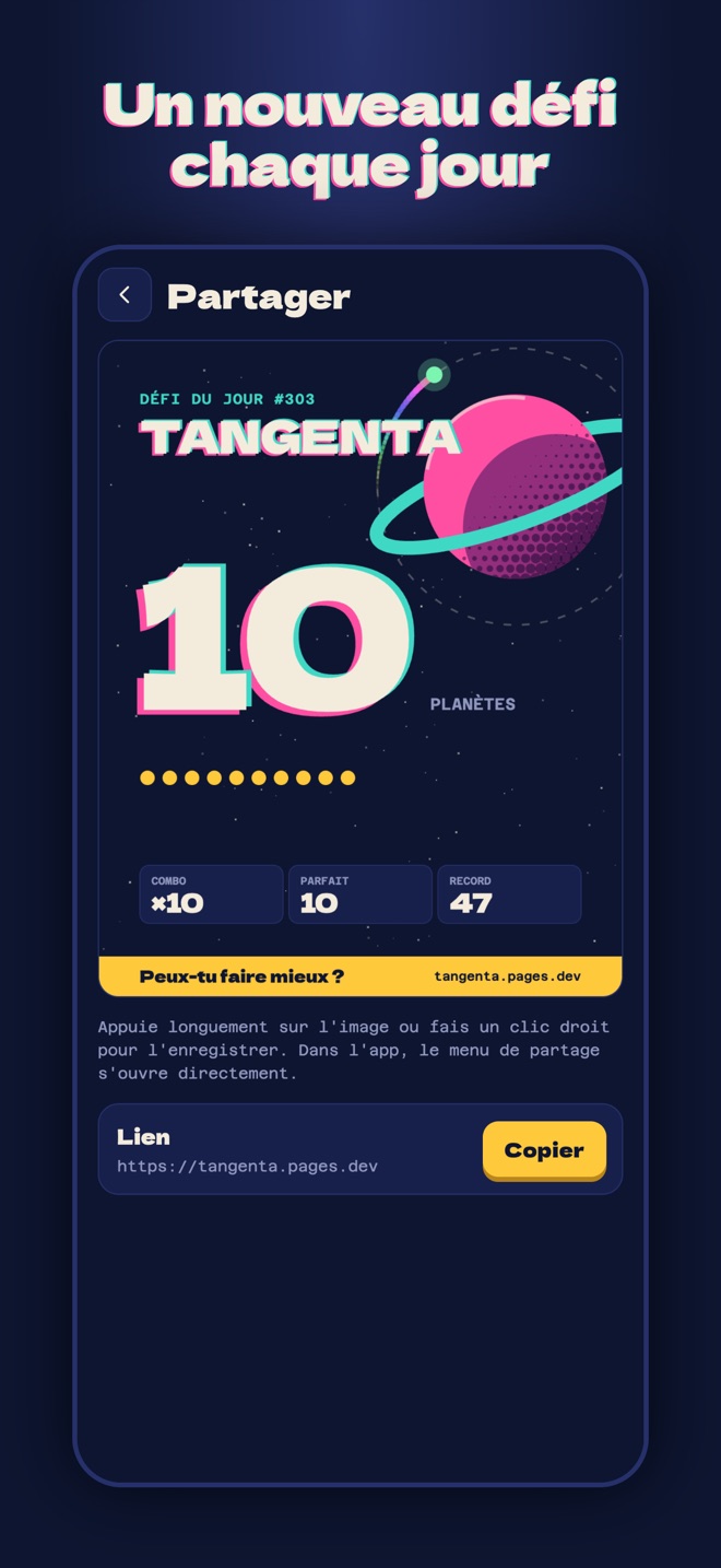 Image de partage du Défi du jour avec score et schéma de vol